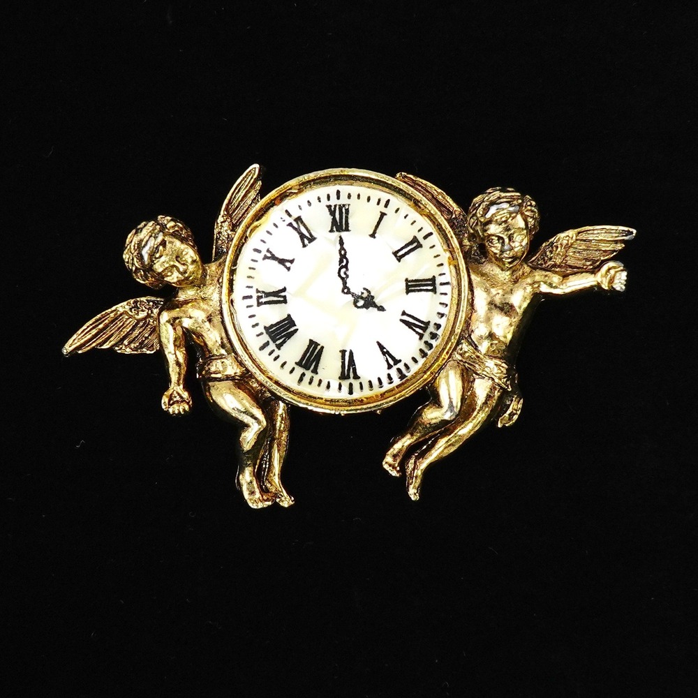 Vintage‎ Cherub Clock Brooch Pin Gold Tone Angelic Victorian